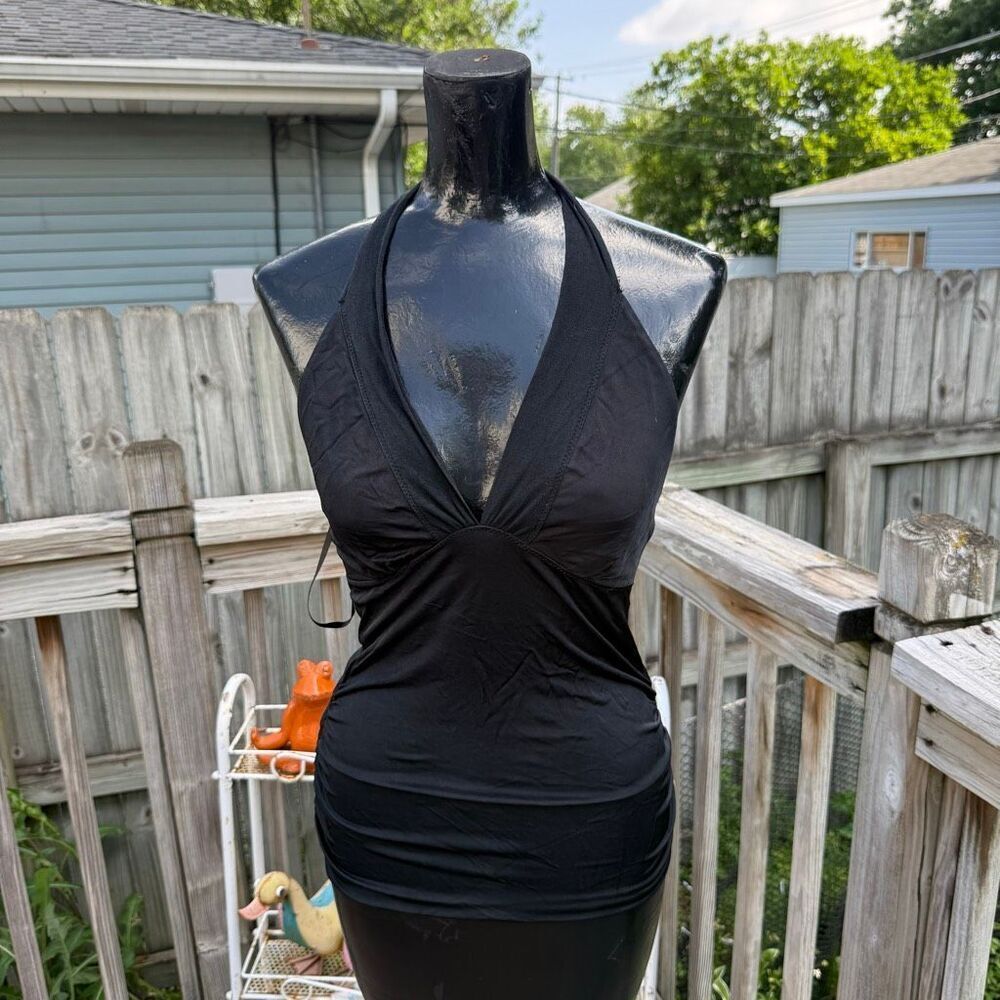 Y2K Express Black Halter Ruched Stretch Tunic Top Open Back Clubwear Medium